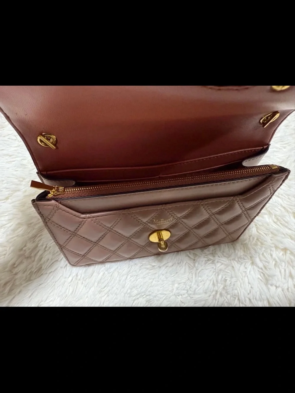 Mulberry Quilted Crossbody Bag in Taupe with Gold Chain